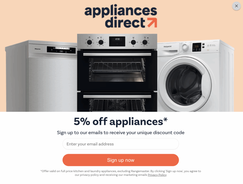 Appliances Direct First Order Discount Email Pop-Up